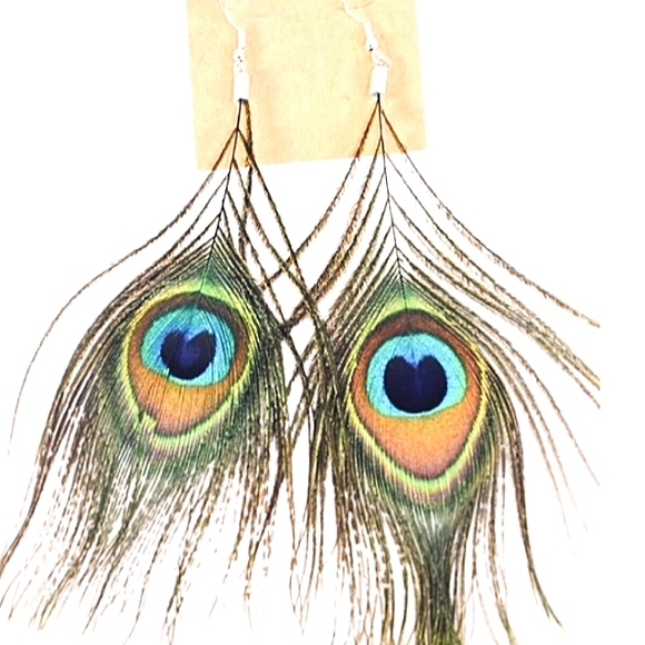 Peacock Feather Earrings on pierced hypoallergenic ss Ear wires. 1 pr Be… - Picture 8 of 10